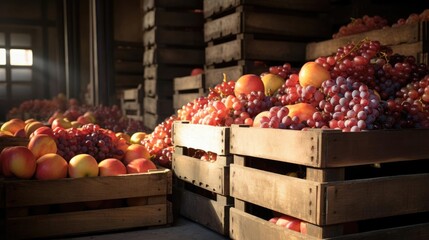 A lot of ripe fruits in the farm's warehouse - obrazy, fototapety, plakaty