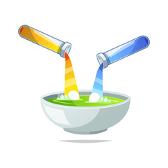 Mixing two liquids blue and yellow. Transparent Glass test tube vector..