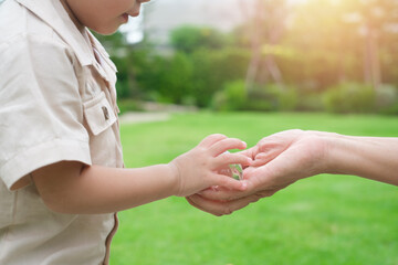 Adult person passes crystal ball to baby hand a healthy ecology to a new generation. Healthy...