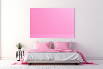 Minimalist bedroom with pink bed and poster on white wall.