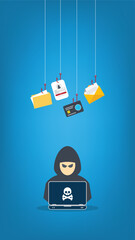 Hacker with laptop computer stealing confidential data, personal information and credit card detail. Hacking concept.	
