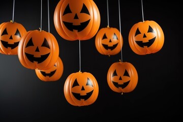 Halloween pumpkins hanging on black background.