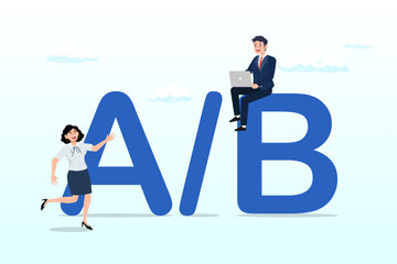 Obraz premium Businessman programmer and users sitting on alphabets A and B for testing, A/B testing, market research to split user to test for user experience for website or application (Vector)