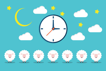 The insomnia concept represented by a sheep, moon, stars and a clock	