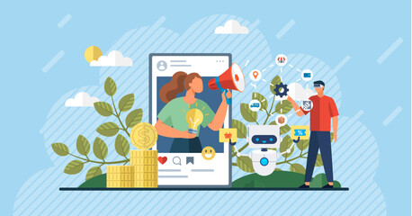 Influencer. Vector illustration. Influencers provide valuable information to their audience through their content Advertisement collaborations with influencers can significantly boost brand awareness
