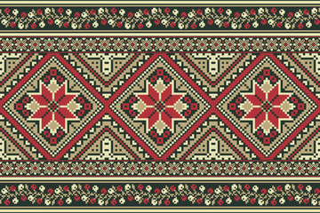 flower embroidery on green background. ikat and cross stitch geometric seamless pattern ethnic oriental traditional. Aztec style illustration design for carpet, wallpaper, clothing, wrapping, batik.