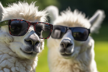 Fototapeta premium Funny alpaca llamas in sunglasses close-up