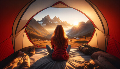 Woman in red jacket sits inside a tent at sunrise, facing majestic mountains. The warm morning glow enhances the cozy tent setting. Breathtaking views of clear skies and mountain ridges. - Powered by Adobe