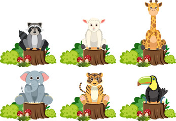 Animals Sitting on Tree Stump with Bush