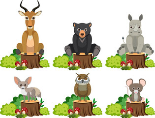 Animals Sitting on Tree Stump with Bush