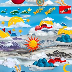 Weather collage. Weather concept with clouds, sky, and sun. I-generated square digital illustration.