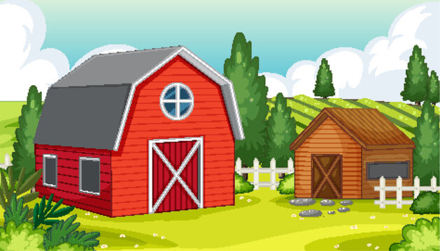 Rural Countryside Home with Barn and Farm Land Scene