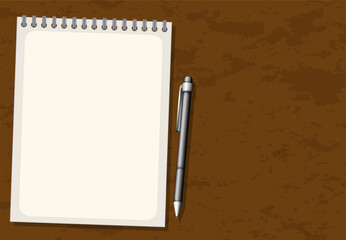 Cartoon Notebook and Pen on Brown Background