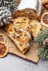 Christmas stollen with winter holidays decoration.