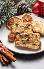 Christmas stollen with winter holidays decoration.