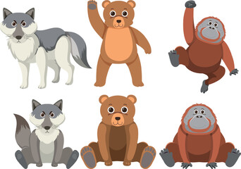 Simple Style Cartoon Illustration of Dog, Bear, and Orangutan