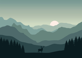 landscape with mountains and deer. Vector illustration.