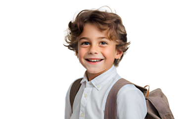 Isolated smart schoolboy with backpack smiling on white
