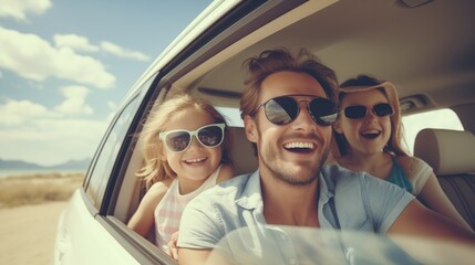 happy family day. mother father and children smiling sitting in compact white car looking out windows, Summer at the beach,Family holiday vacation travel, road trip and holiday concept