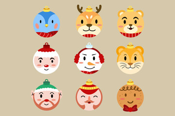 christmas ball ornaments with any xmas character costume head illustration for decoration