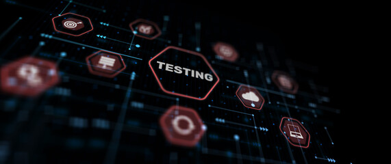 Technology icons and TESTING inscription, web technology concept