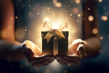 close up on hands of a woman holding a gift with golden bokeh light background, giving and receiving on christmas concept - obrazy, fototapety, plakaty