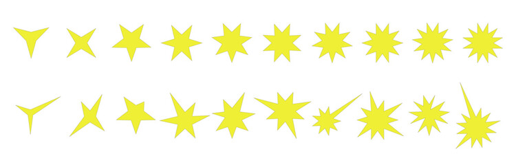 Set of yellow stars. Twenty different star shapes for design. Isolated on white background. Flat style, editable contour.