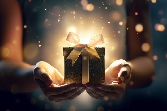 close up on hands of a woman holding a gift with golden bokeh light background, giving and receiving on christmas concept