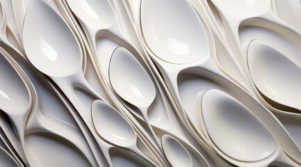 A messy arrangement of matte white plastic spoons with a sleek, flowing texture.