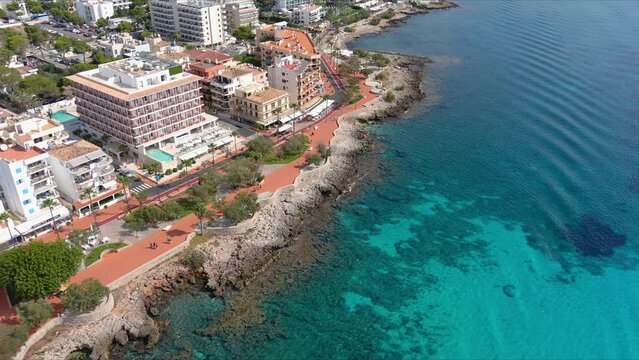 Mallorca: Aerial View Of Resort Town Son Servera On Majorca Island, Spain, Europe | City and Waves Follow