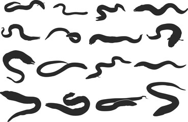 Eel fish silhouette, Moray eel fish silhouette, European eel silhouette, Moray eel fish svg, Eel fish svg, Eel fish vector. - obrazy, fototapety, plakaty