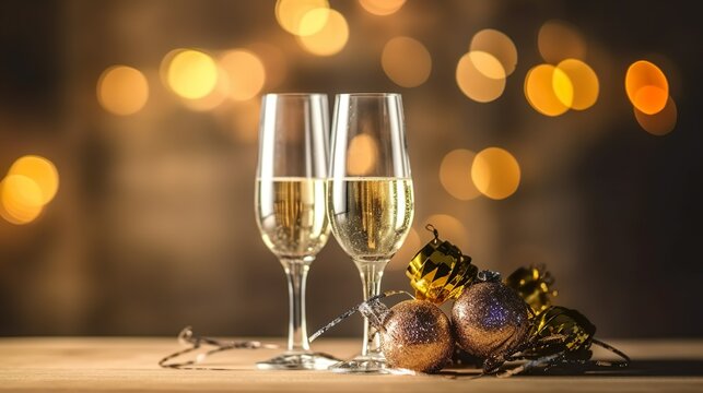 pair of champagne glasses with bokeh lights for celebration of happy new year eve party