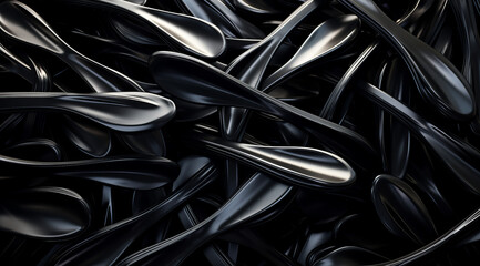 A luxurious arrangement of shiny black spoons with a sleek, flowing texture.