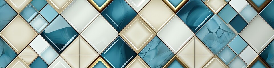 Elegant Diamond Pattern Tile Art with Blue, White, and Gold Borders