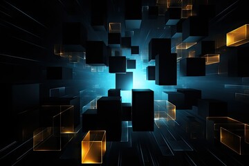 an abstract image of a glowing cubes and squares on a black background with a blue and yellow glow coming out of the center of the cubes.