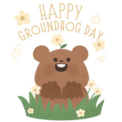 Happy Groundhog Day lettering text with flower border cute animal  Watercolor 2 February sublimation for t-shirt printable postcard print greetings card banner poster