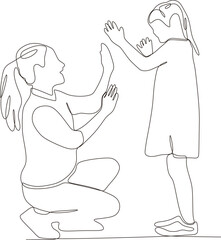 continuous line of a mother playing with her child outside the house