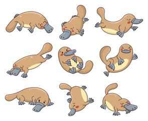 Obraz premium Cute little platypus. Cartoon funny animal characters. Hand drawn style. Vector drawing. Collection of design elements.