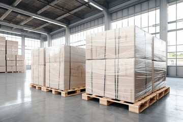 Cardboard boxes wrapped plastic stacked on pallets in background of  modern warehouse. Transportation concept of distribution and delivery. - obrazy, fototapety, plakaty