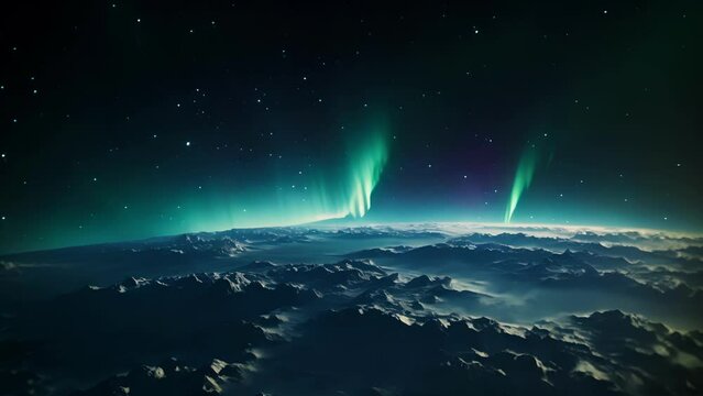 A wideangle view of the aurora borealis, shimmering and dancing in the night sky as seen from the International Space Station.