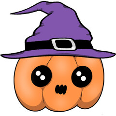The brown pumpkin is wearing a purple witch hat.