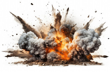 Extremely hot fiery explosion with sparks and smoke, against white background