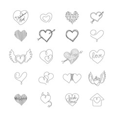 Hearts set, love, continuous line drawing, valentines day, small tattoo, print for clothes and logo design, one single line on a white background, isolated vector illustration.