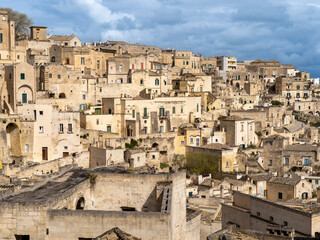 Matera, Italy. Amazing view of the Sassi of Matera. Landscape of the historical part of the town....