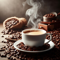 Coffee cup with Coffee beans Background image, Ai image