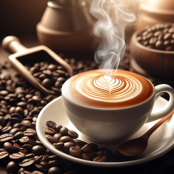 Coffee cup with Coffee beans Background image, Ai image
