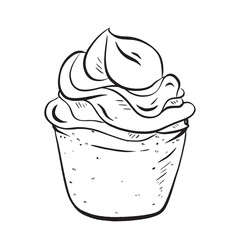 Hand-drawn ink vector. Delicious muffin topped with a swirl of whipped cream. Ideal for breakfast sweet brunch, and pastry enthusiasts. Perfect for bakeries cafes, restaurants, and menu decoration