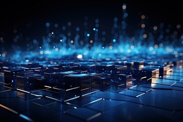 Obraz premium Futuristic blue hexagon background science illustration HUD components Technology concept. 3D landscape. Big data future abstract background.