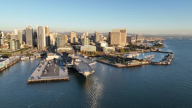 Navy Ship At San Diego California United States. Military San Diego California. Business Sky Downtown Cityscape. Business Outside Downtown District High Angle View.