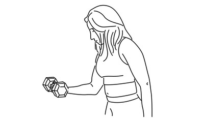 Line art of woman holding a dumbbell vector illustration